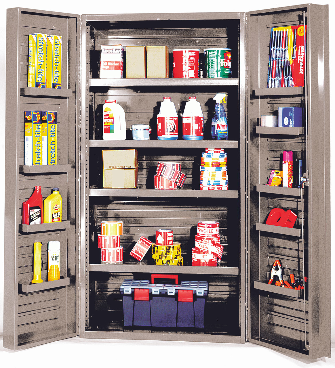 Heavy-Duty 36" Cabinet, 36"W x 24"D x 72"H, 800 lb. capacity per interior shelf and 60 lb. capacity per door shelf, Beige, 0, Carbon Steel, QSC-BG-36-4IS-12DS
