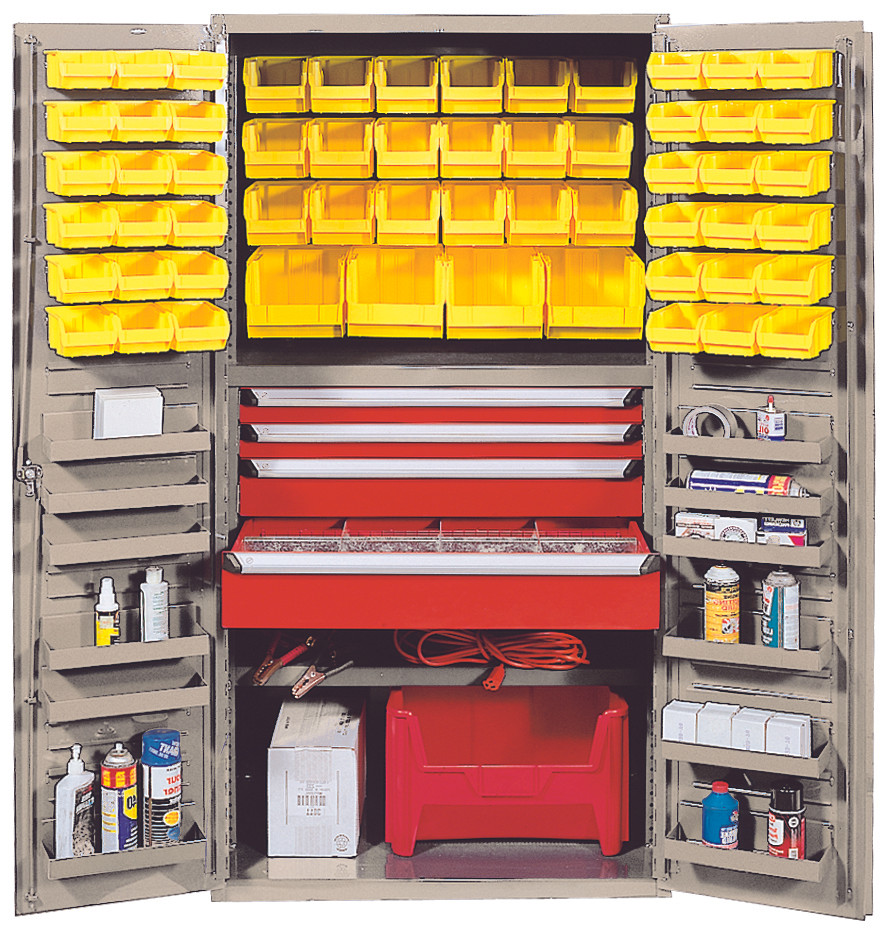 Heavy-Duty 36" Bin Cabinet, 36"W x 24"D x 72"H, 800 lb. capacity per interior shelf and 60 lb. capacity per door shelf, Beige, Green, Carbon Steel, QSC-BG-3672-4DGN