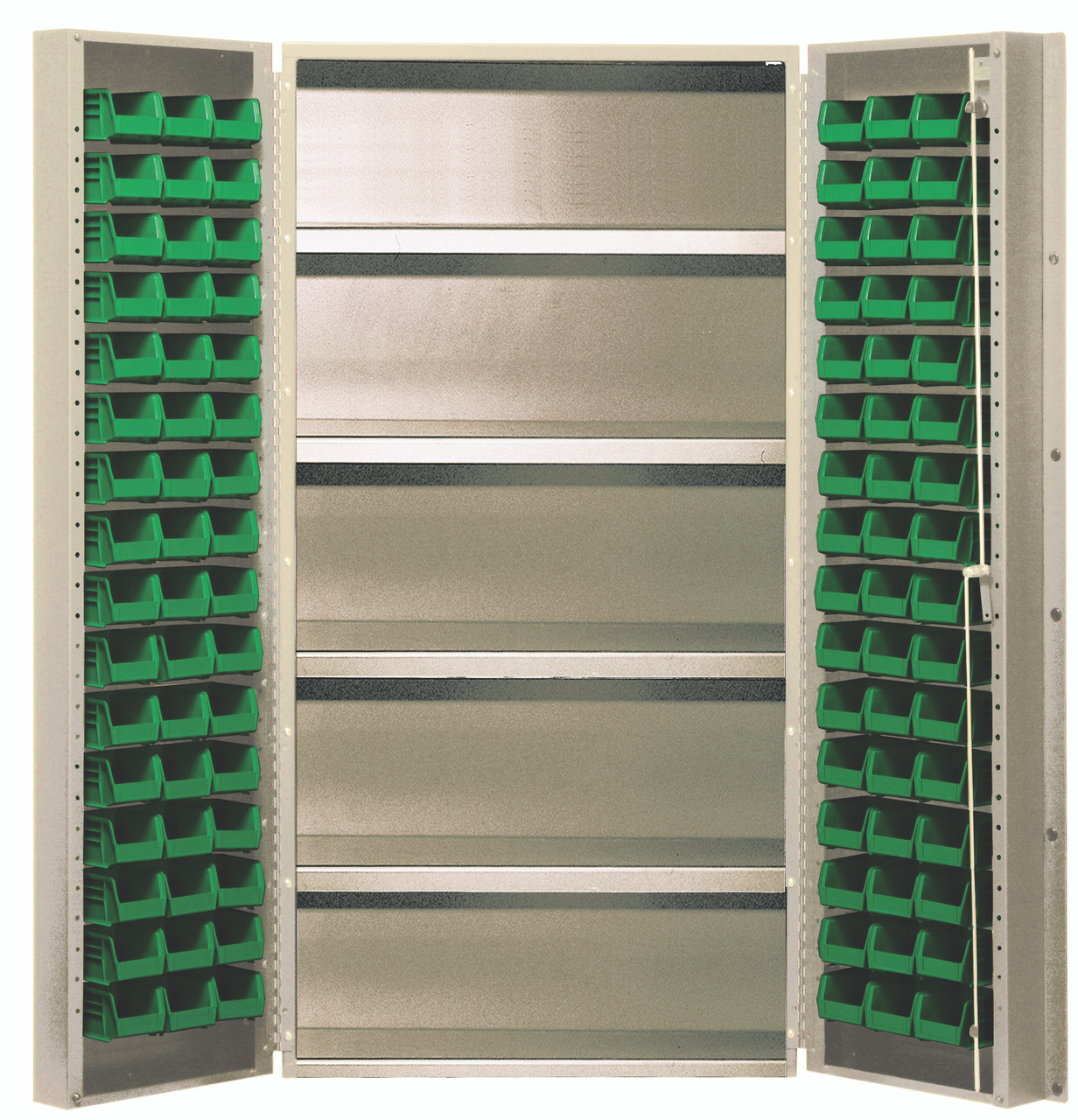 Heavy-Duty 36" Bin Cabinet, 36"W x 24"D x 72"H, 800 lb. capacity per interior shelf, Beige, Green, Carbon Steel, QSC-BG-36-96-4ISGN