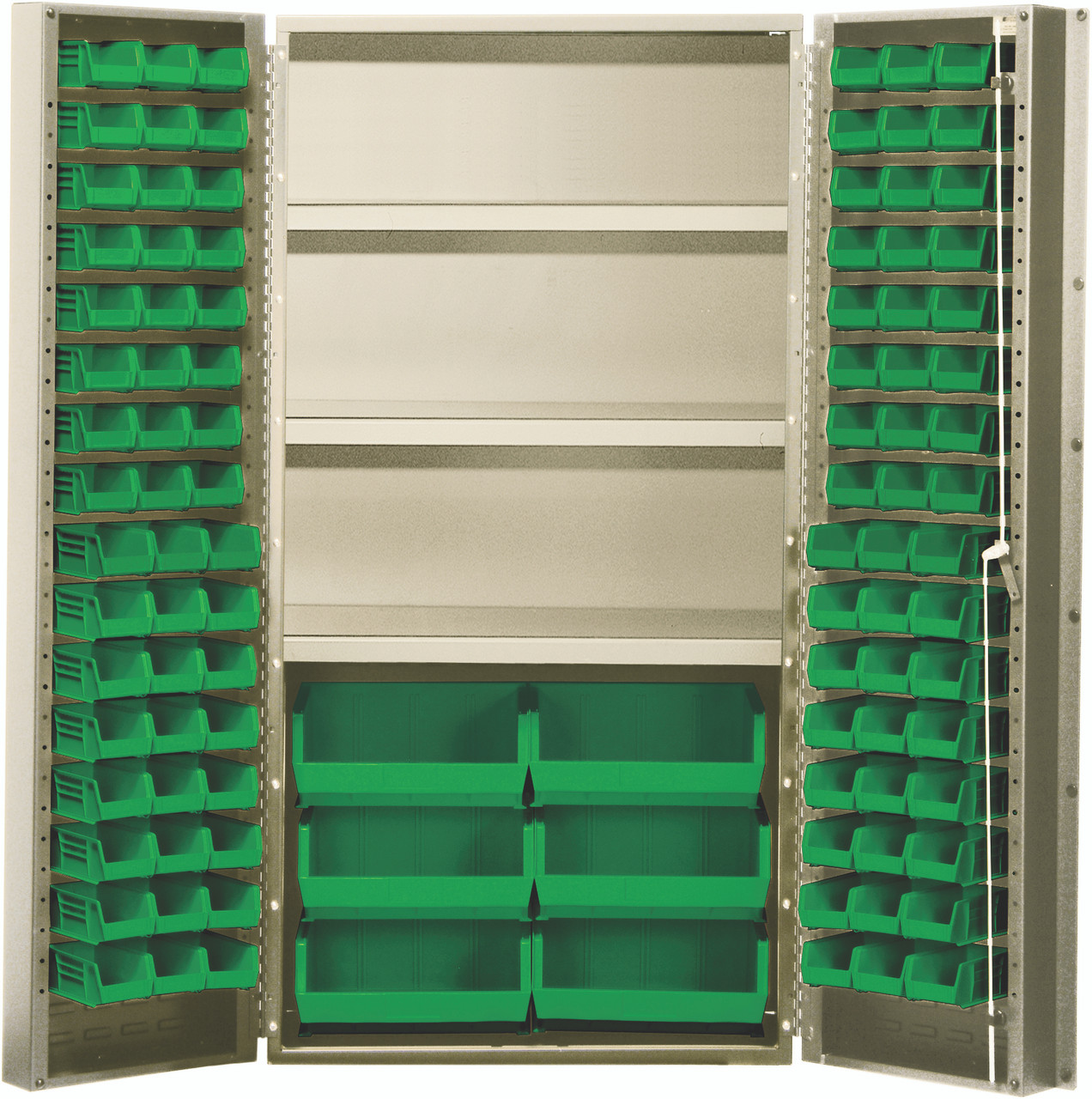 Heavy-Duty 36" Bin Cabinet, 36"W x 24"D x 72"H, 800 lb. capacity per interior shelf, Beige, Green, Carbon Steel, QSC-BG-36S-38GN
