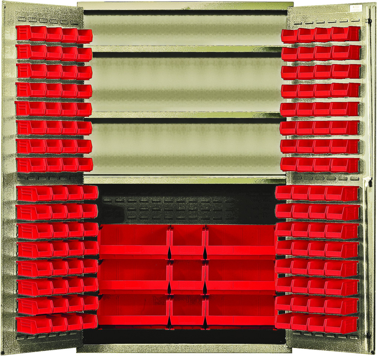 Heavy-Duty 48" Bin Cabinet, 48"W x 24"D x 78"H, 400 lb. capacity per interior shelf, Beige, Red, Carbon Steel, QSC-BG-48SRD