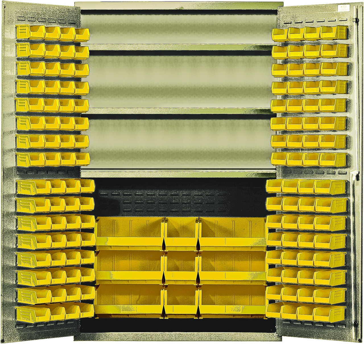 Heavy-Duty 48" Bin Cabinet, 48"W x 24"D x 78"H, 400 lb. capacity per interior shelf, Beige, Yellow, Carbon Steel, QSC-BG-48SYL