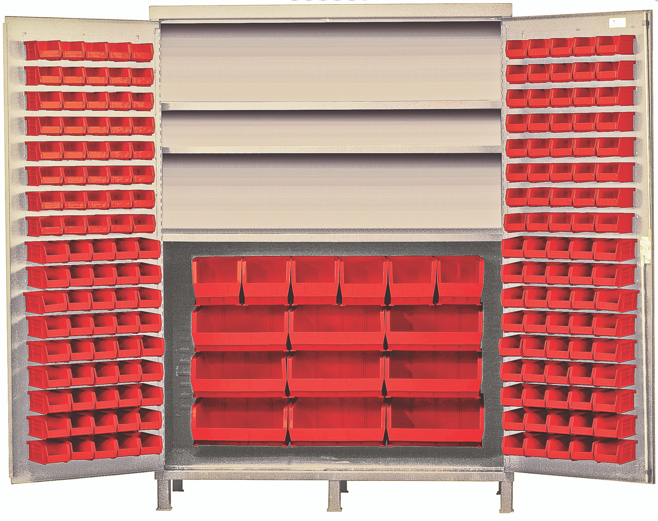Heavy-Duty 60" Bin Cabinet, 60"W x 24"D x 84"H, 500 lb. capacity per interior shelf, Beige, Red, Carbon Steel, QSC-BG-60SRD