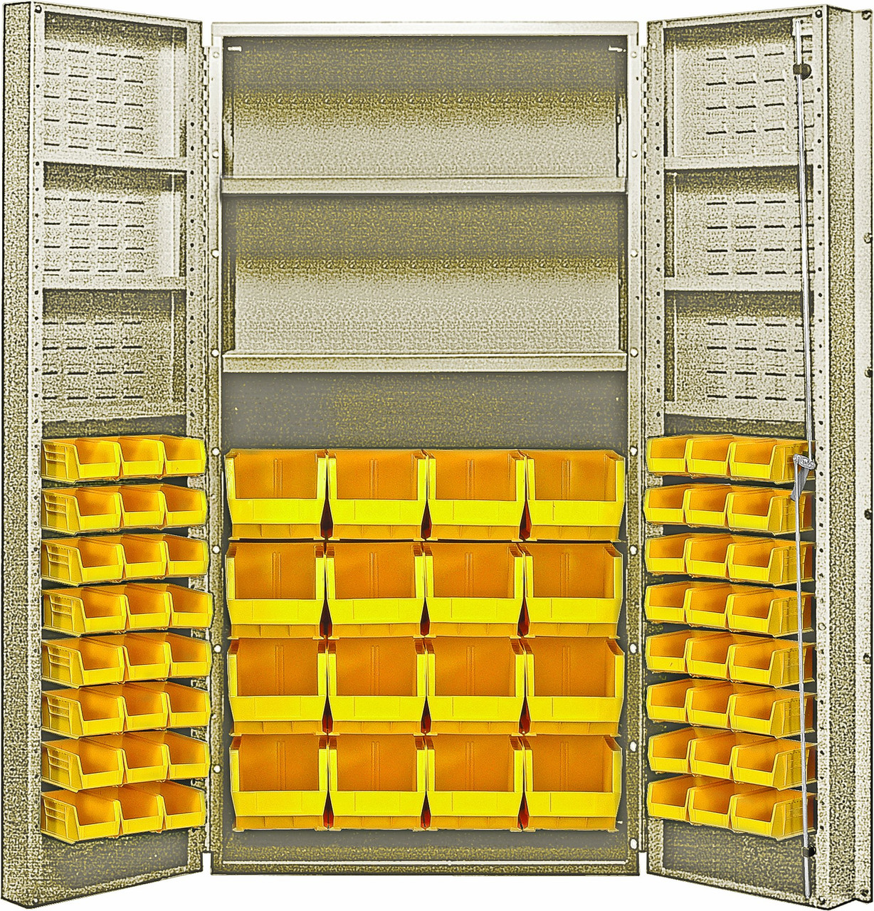 Heavy-Duty 36" Bin Cabinet, 36"W x 24"D x 72"H, 800 lb. capacity per interior shelf and 60 lb. capacity per door shelf, Beige, Yellow, Carbon Steel, QSC-BG-64-2S-6DSYL
