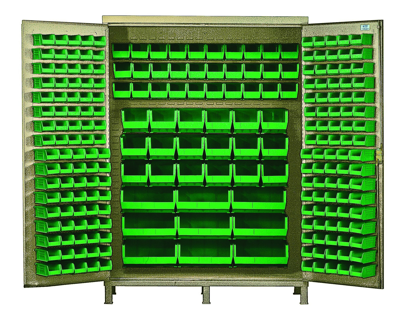 Heavy-Duty 72" Bin Cabinet, 72"W x 24"D x 84"H, 14 gauge all welded construction, Beige, Green, Carbon Steel, QSC-BG-72GN