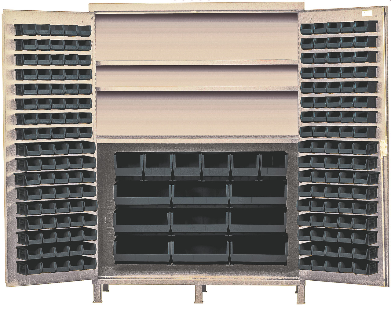 Heavy-Duty 72" Bin Cabinet, 72"W x 24"D x 84"H, 500 lb. capacity per interior shelf, Beige, Black, Carbon Steel, QSC-BG-72SBK
