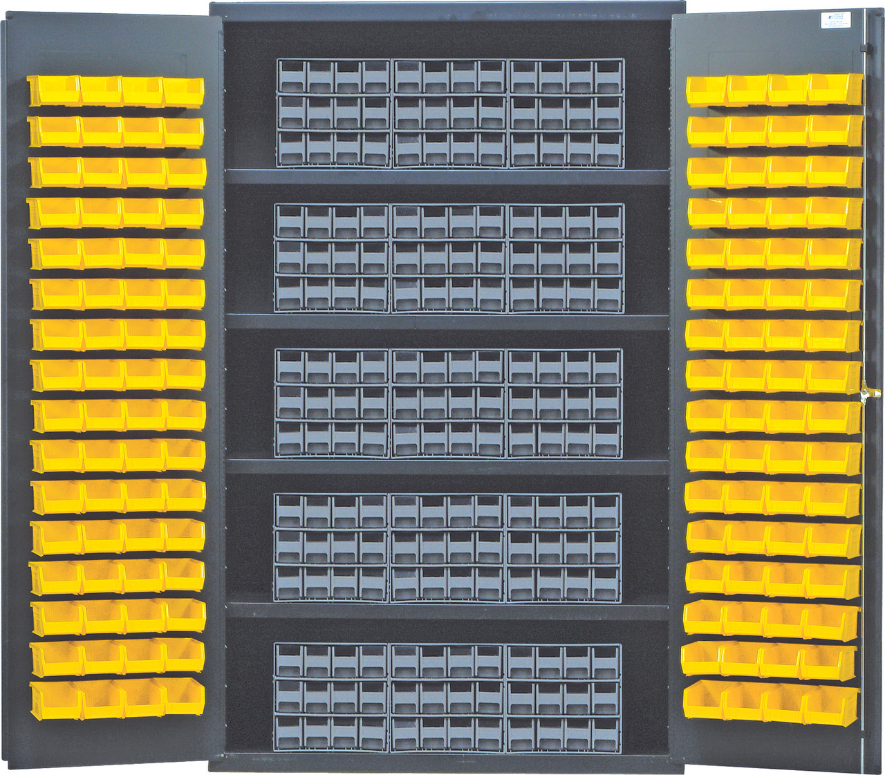 Heavy-Duty 48" Bin Cabinet, interlocking drawer storage, 48"W x 24"D x 78"H, Beige, Yellow, Carbon Steel, QSC-BG-QIC122YL