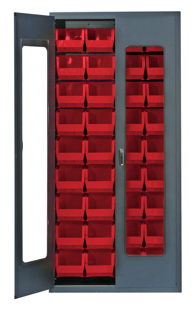 Heavy-Duty 36" Bin Cabinet, 36"W x 18"D x 78"H, clear acrylic door model, Gray, Red, Carbon Steel, QSC-C240RD