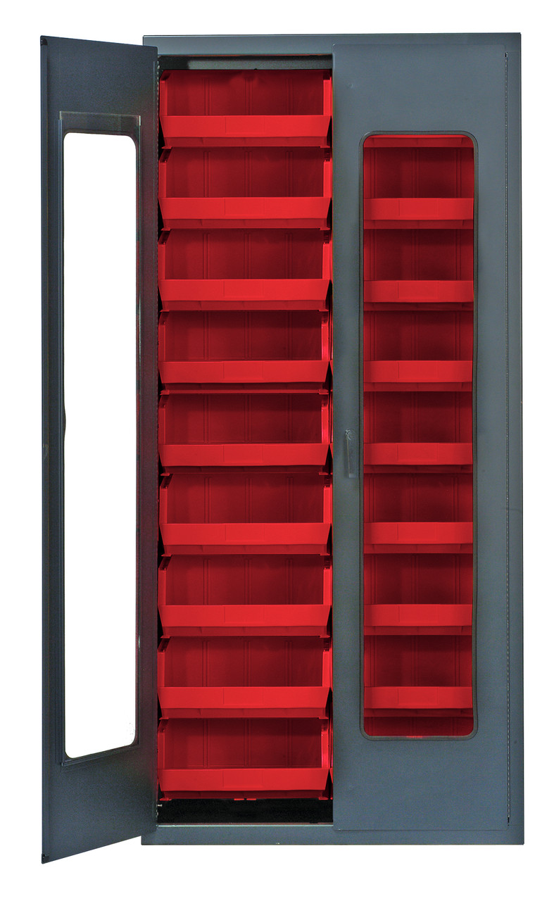 Heavy-Duty 36" Bin Cabinet, 36"W x 18"D x 78"H, clear acrylic door model, Gray, Red, Carbon Steel, QSC-C250RD