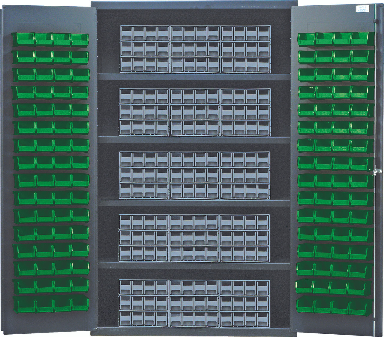 Heavy-Duty 48" Bin Cabinet, interlocking drawer storage, 48"W x 24"D x 78"H, Gray, Green, Carbon Steel, QSC-QIC122GN