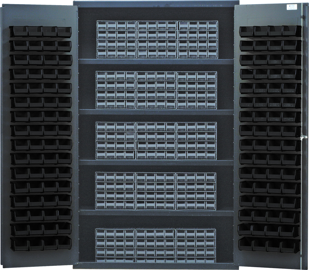 Heavy-Duty 48" Bin Cabinet, interlocking drawer storage, 48"W x 24"D x 78"H, Gray, Black, Carbon Steel, QSC-QIC161BK