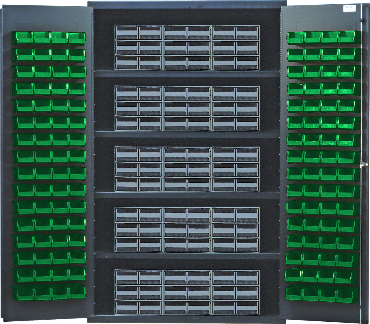 Heavy-Duty 48" Bin Cabinet, interlocking drawer storage, 48"W x 24"D x 78"H, Gray, Green, Carbon Steel, QSC-QIC64GN