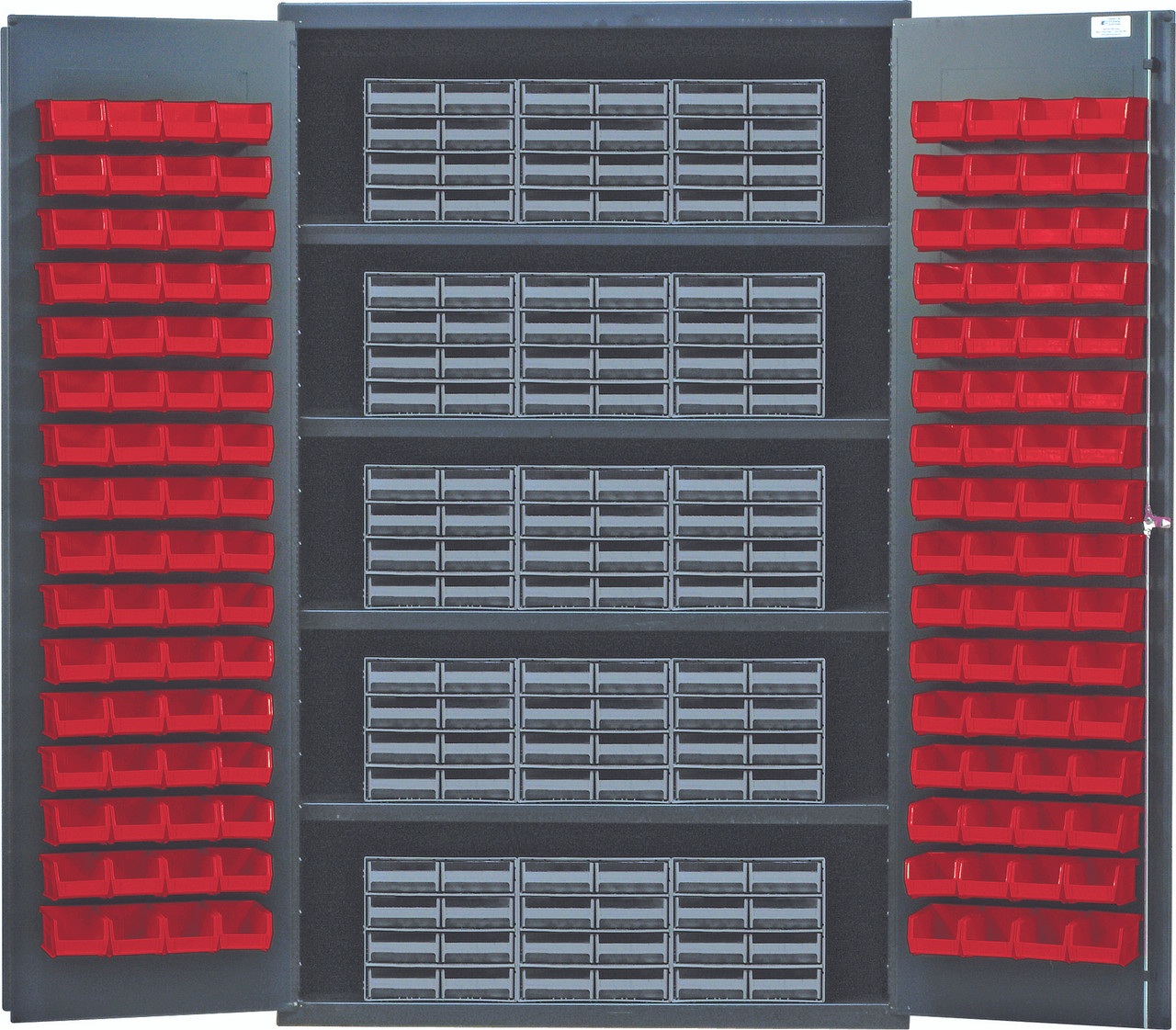 Heavy-Duty 48" Bin Cabinet, interlocking drawer storage, 48"W x 24"D x 78"H, Gray, Red, Carbon Steel, QSC-QIC83RD
