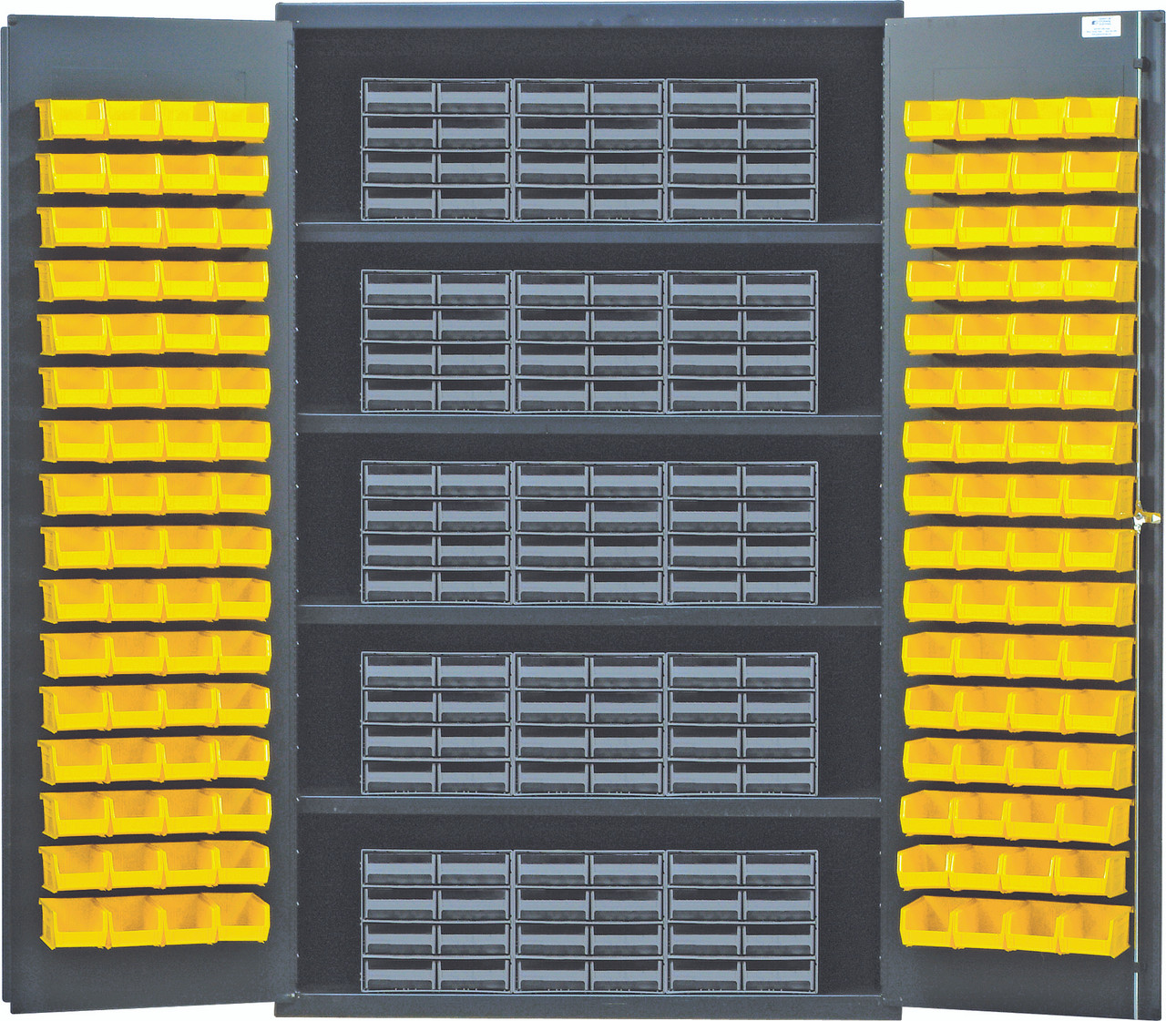 Heavy-Duty 48" Bin Cabinet, interlocking drawer storage, 48"W x 24"D x 78"H, Gray, Yellow, Carbon Steel, QSC-QIC83YL