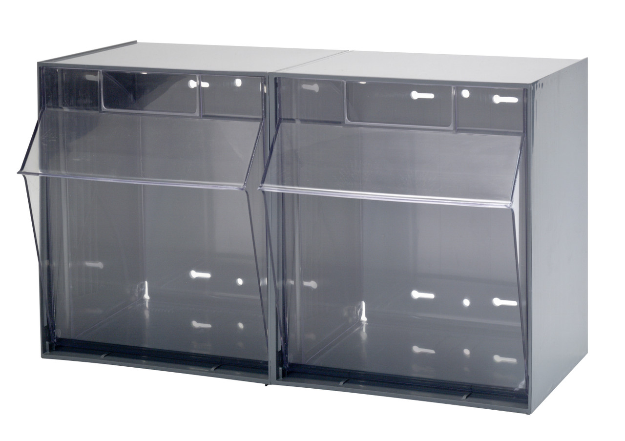 Tip Out Bin, (2) compartment, 23-5/8"W x 11-3/4"D x 13-7/8"H handle with label slot, Gray/Crystal, Gray/Crystal, HIPS/GPP-10, QTB302GY