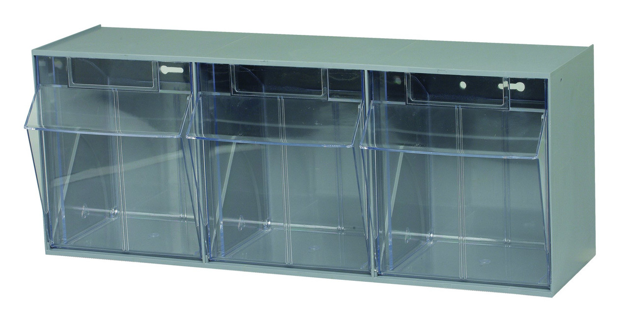 Tip Out Bin, (3) compartment, 23-5/8"W x 7-3/4"D x 9-1/2"H handle with label slot, Gray/Crystal, Gray/Crystal, HIPS/GPP-10, QTB303GY