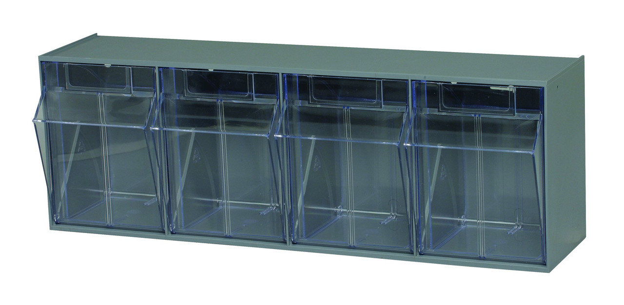 Tip Out Bin, (4) compartment, 23-5/8"W x 6-5/8"D x 8-1/8"H handle with label slot, Gray/Crystal, Gray/Crystal, HIPS/GPP-10, QTB304GY