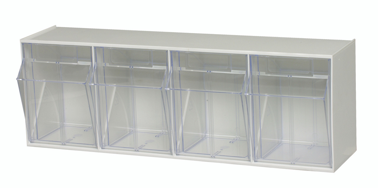 Tip Out Bin, (4) compartment, 23-5/8"W x 6-5/8"D x 8-1/8"H handle with label slot, White/Crystal, WhiteCrystal, HIPS/GPP-10, QTB304WT