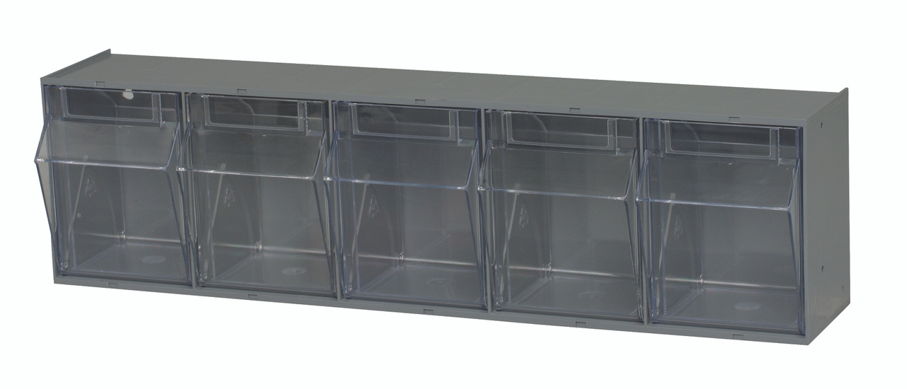 Tip Out Bin, (5) compartment, 23-5/8"W x 5-1/4"D x 6-1/2"H handle with label slot, Gray/Crystal, Gray/Crystal, HIPS/GPP-10, QTB305GY