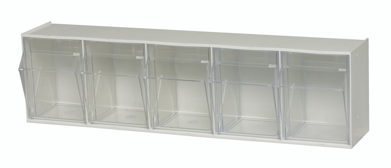 Tip Out Bin, (5) compartment, 23-5/8"W x 5-1/4"D x 6-1/2"H handle with label slot, White/Crystal, WhiteCrystal, HIPS/GPP-10, QTB305WT