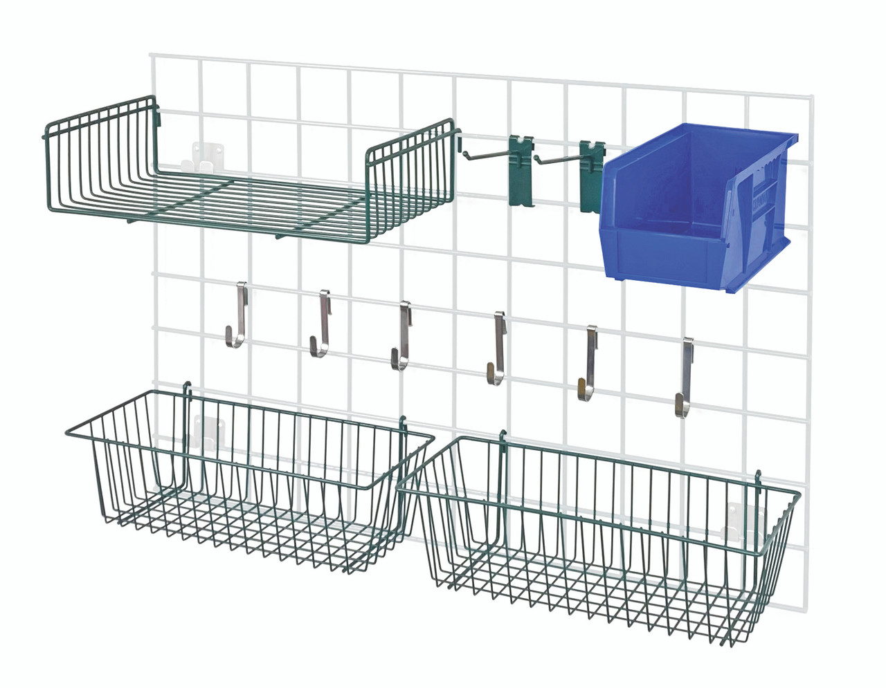 Store Grid Accessory Pack 1, includes: (2) 17"L x 7"W x 5"H basket, (1) 18"W x 9"D small shelf, Epoxy Coated, Green, Blue, Carbon Steel, SG-A2BL