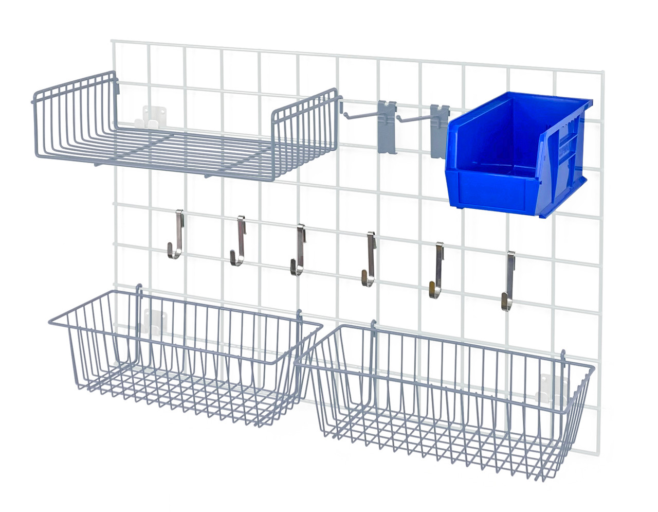 Store Grid Accessory Pack 1, includes: (2) 17"L x 7"W x 5"H basket, (1) 9"W x 18"L small shelf, Epoxy Coated, Gray, Blue, Carbon Steel, SG-A2GYBL