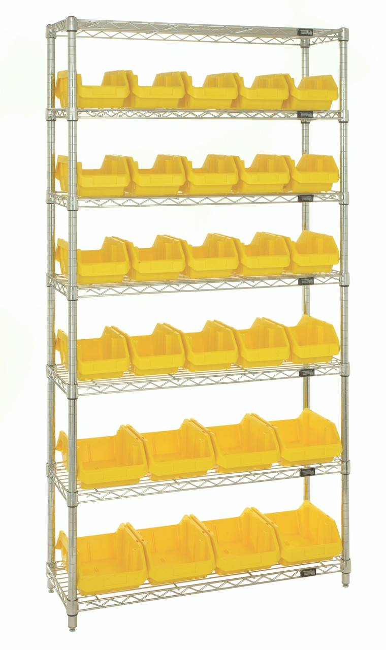 Bin System Unit, stationary, includes: (4) posts, Chrome, Yellow, Carbon Steel, W7-12-28YL