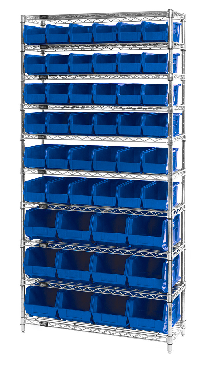 Bin Wire Shelving System, stationary, 36"W x 14"D x 74"H, Chrome, Blue, Carbon Steel, WR10-230240BL