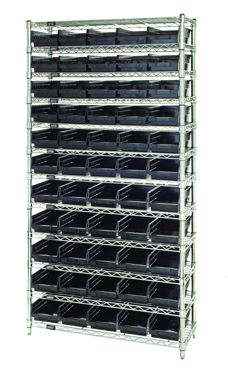 Bin Wire Shelving System, 36"W x 12"D x 74"H overall size, 800 lb. capacity per shelf, Chrome, Black, Carbon Steel, WR12-102BK