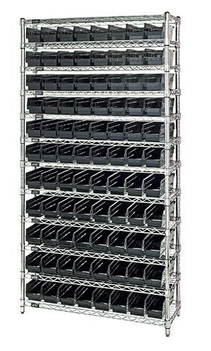 Bin Wire Shelving System, conductive, 36"W x 18"D x 74"H overall size, Chrome, Black, Carbon Steel, WR12-103CO