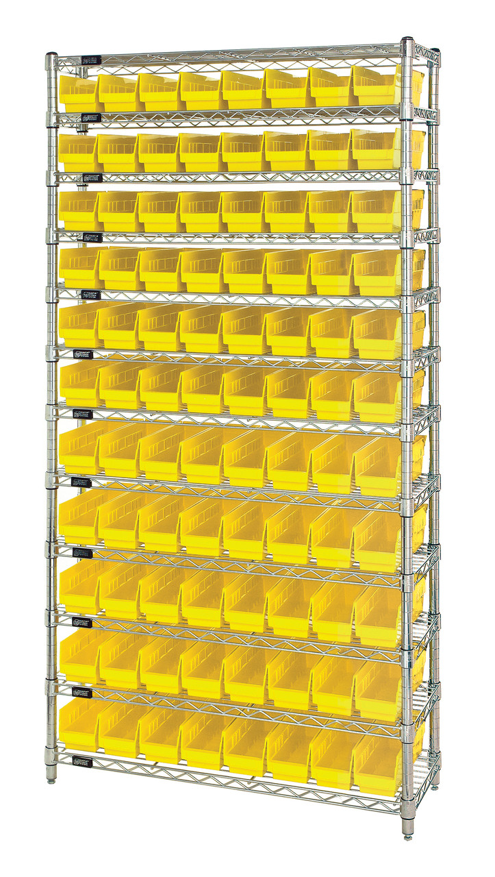 Bin Wire Shelving System, 36"W x 18"D x 74"H overall size, 800 lb. capacity per shelf, Chrome, Yellow, Carbon Steel, WR12-103YL
