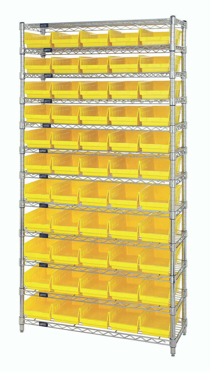 Bin Wire Shelving System, 36"W x 18"D x 74"H overall size, 800 lb. capacity per shelf, Chrome, Yellow, Carbon Steel, WR12-104YL