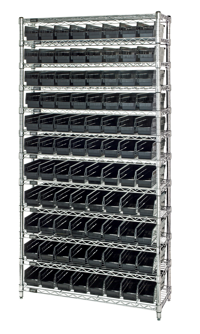 Bin Wire Shelving System, conductive, 36"W x 24"D x 74"H overall size, Chrome, Black, Carbon Steel, WR12-105CO