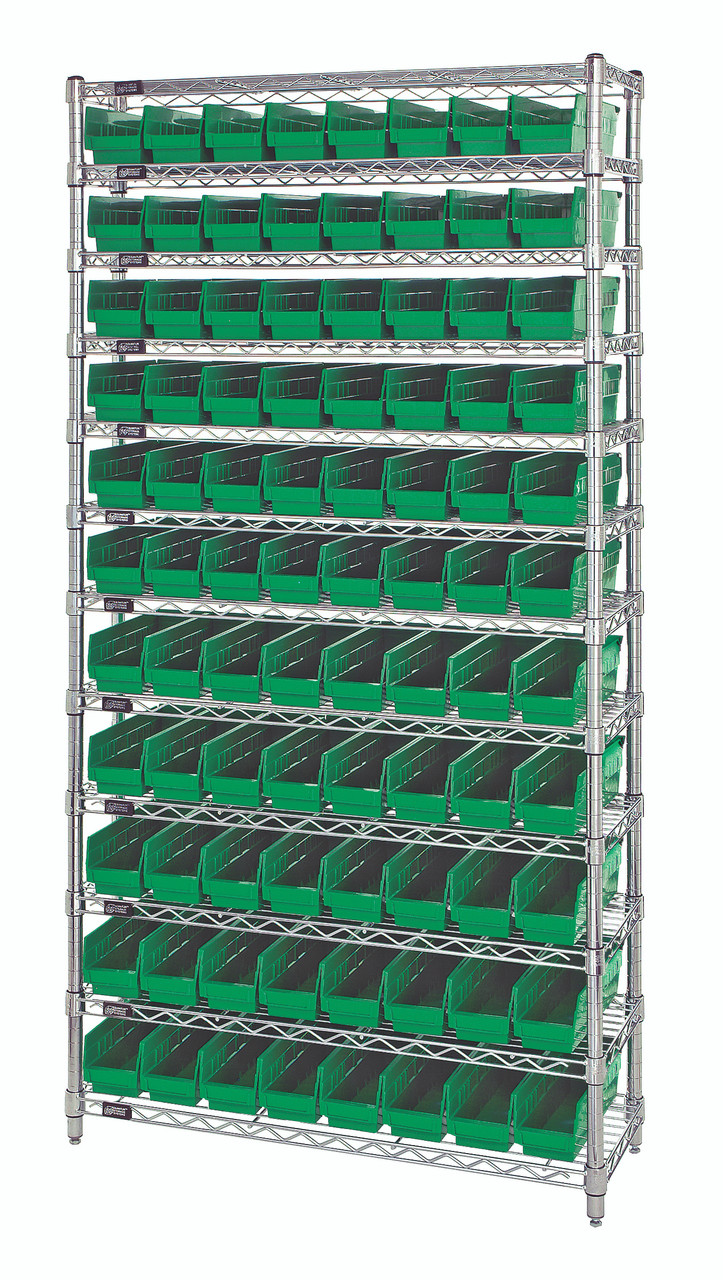 Bin Wire Shelving System, 36"W x 24"D x 74"H overall size, 800 lb. capacity per shelf, Chrome, Green, Carbon Steel, WR12-105GN
