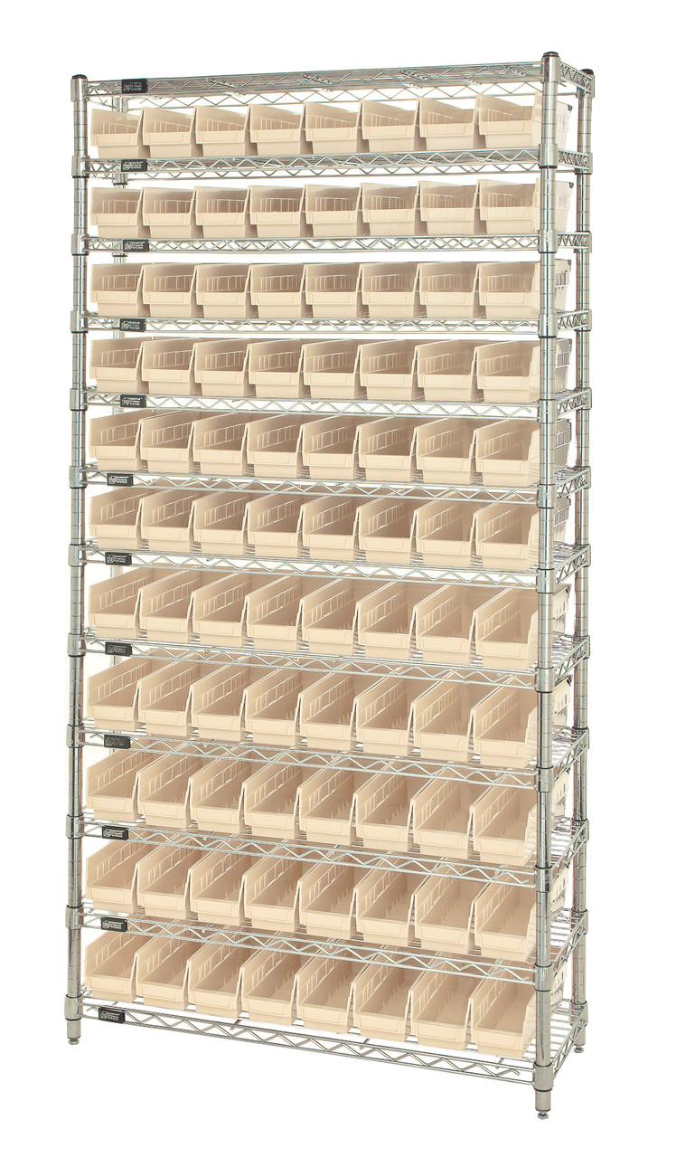Bin Wire Shelving System, 36"W x 24"D x 74"H overall size, 800 lb. capacity per shelf, Chrome, Ivory, Carbon Steel, WR12-105IV