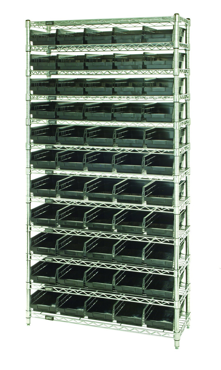 Bin Wire Shelving System, 36"W x 24"D x 74"H overall size, 800 lb. capacity per shelf, Chrome, Black, Carbon Steel, WR12-106BK