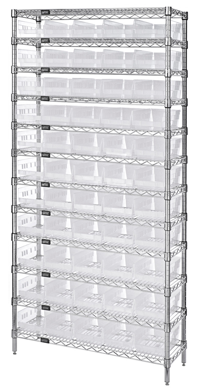 Bin Wire Shelving System, 36"W x 24"D x 74"H overall size, 800 lb. capacity per shelf, Chrome, Clear, Carbon Steel, WR12-106CL