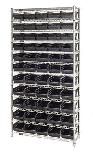 Bin Wire Shelving System, conductive, 36"W x 24"D x 74"H overall size, Chrome, Black, Carbon Steel, WR12-106CO