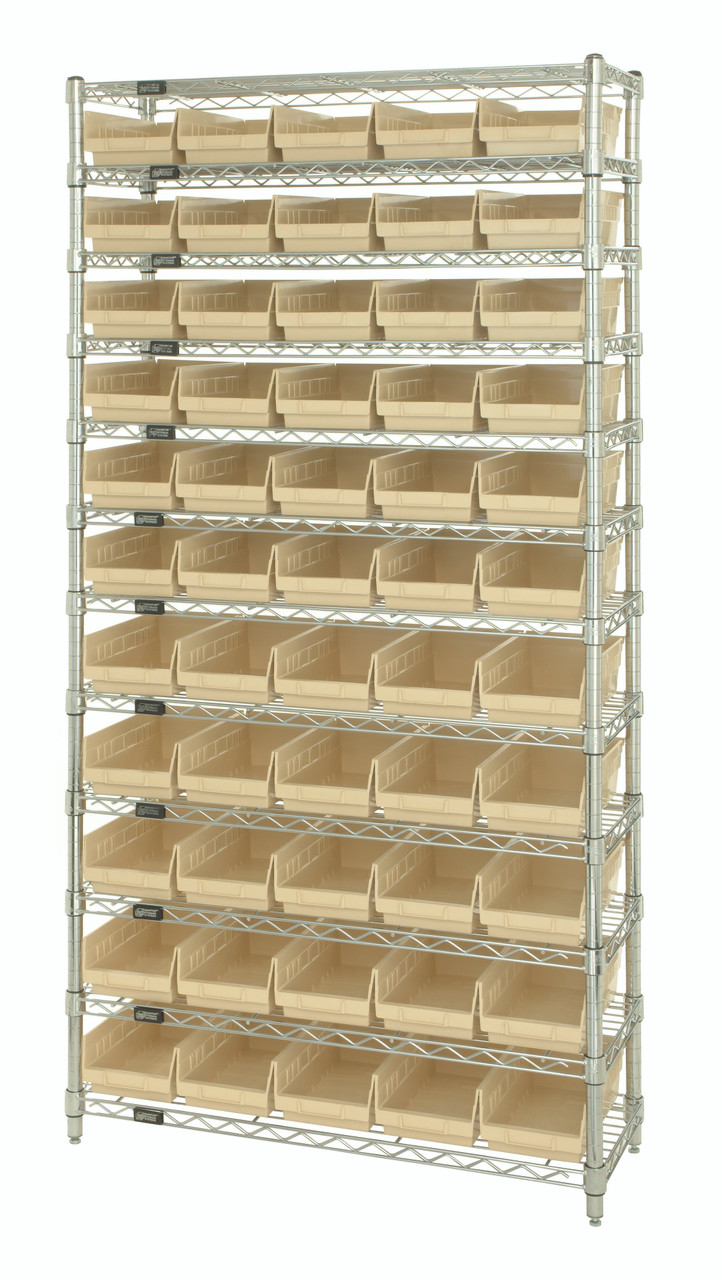 Bin Wire Shelving System, 36"W x 24"D x 74"H overall size, 800 lb. capacity per shelf, Chrome, Ivory, Carbon Steel, WR12-106IV