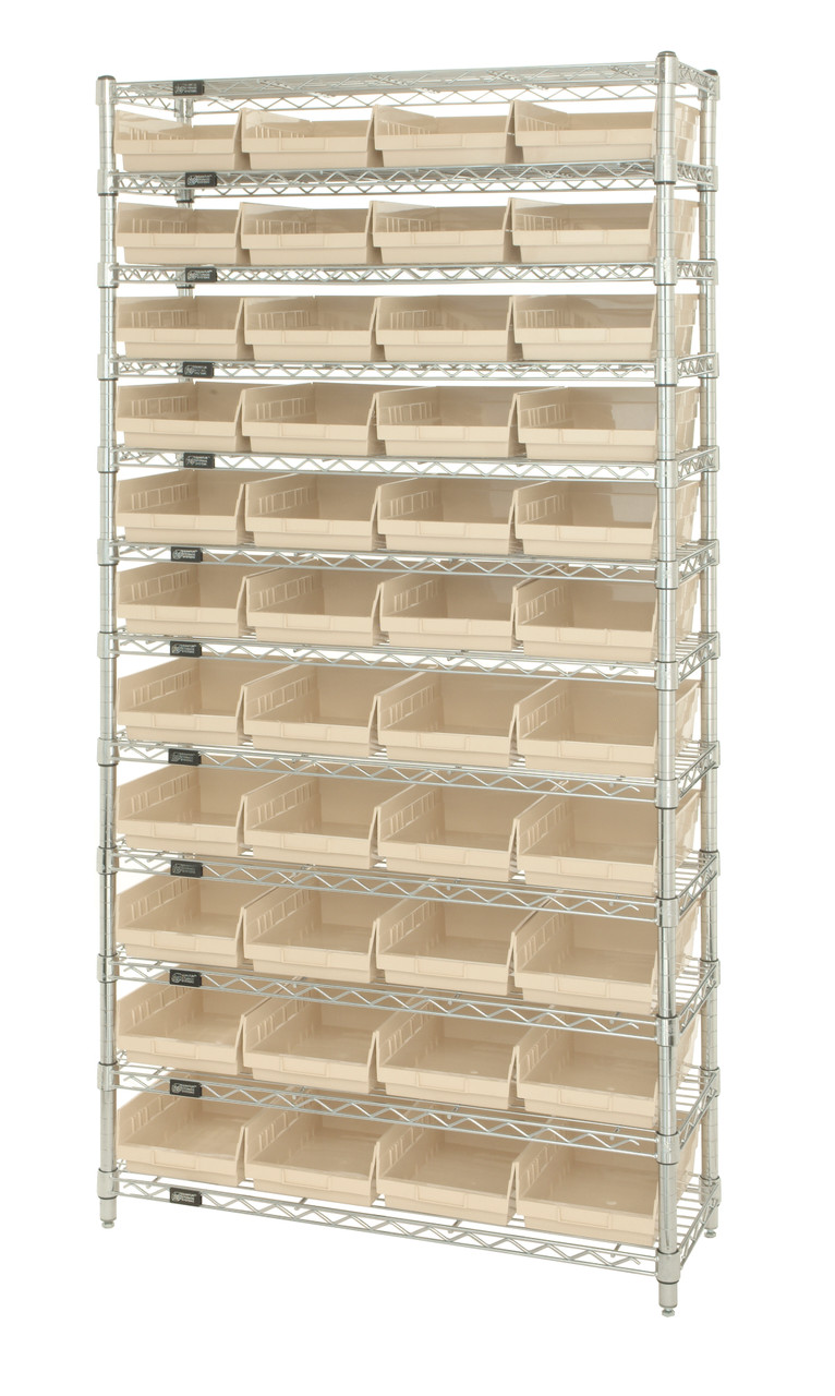 Bin Wire Shelving System, 36"W x 12"D x 74"H overall size, 800 lb. capacity per shelf, Chrome, Ivory, Carbon Steel, WR12-107IV