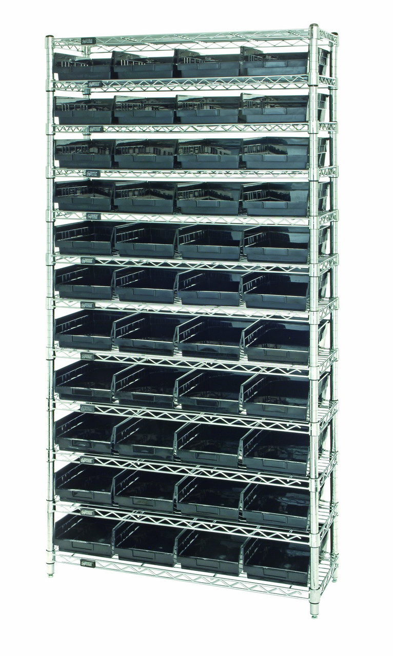 Bin Wire Shelving System, 36"W x 18"D x 74"H overall size, 800 lb. capacity per shelf, Chrome, Black, Carbon Steel, WR12-108BK