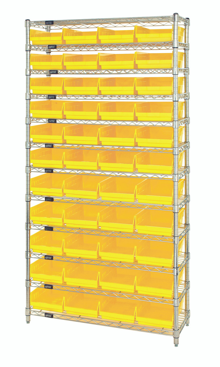 Bin Wire Shelving System, 36"W x 18"D x 74"H overall size, 800 lb. capacity per shelf, Chrome, Yellow, Carbon Steel, WR12-108YL