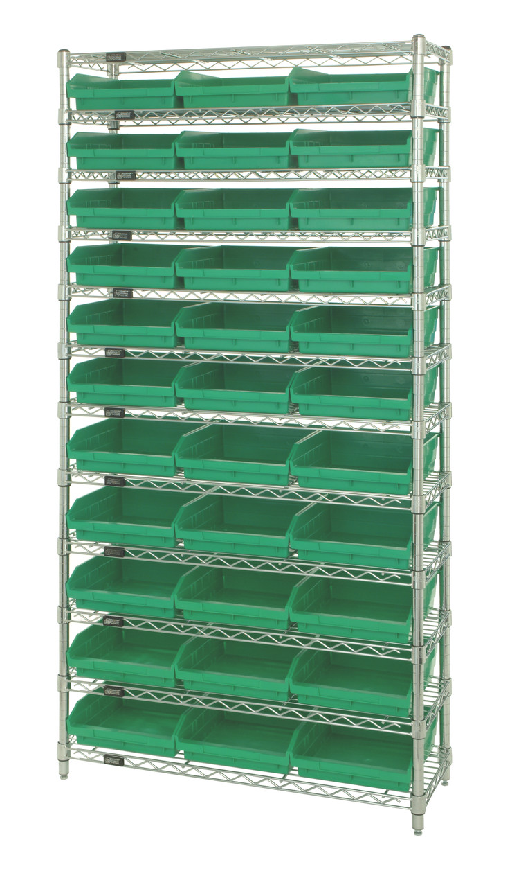 Bin Wire Shelving System, 36"W x 12"D x 74"H overall size, 800 lb. capacity per shelf, Chrome, Green, Carbon Steel, WR12-109GN