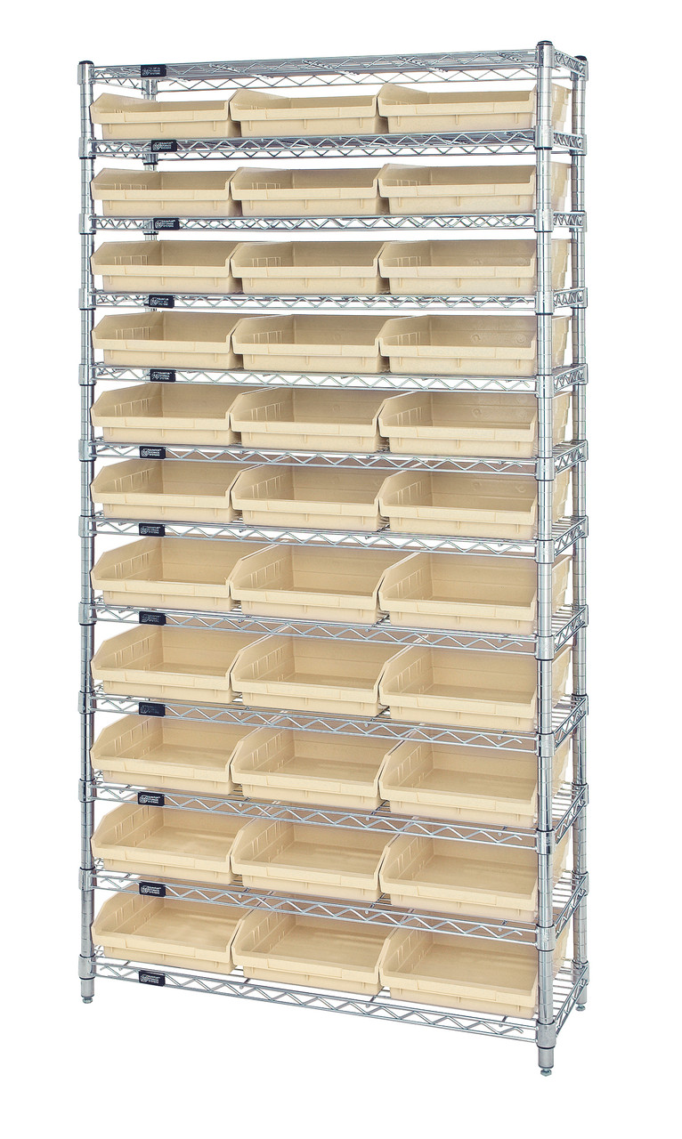 Bin Wire Shelving System, 36"W x 12"D x 74"H overall size, 800 lb. capacity per shelf, Chrome, Ivory, Carbon Steel, WR12-109IV