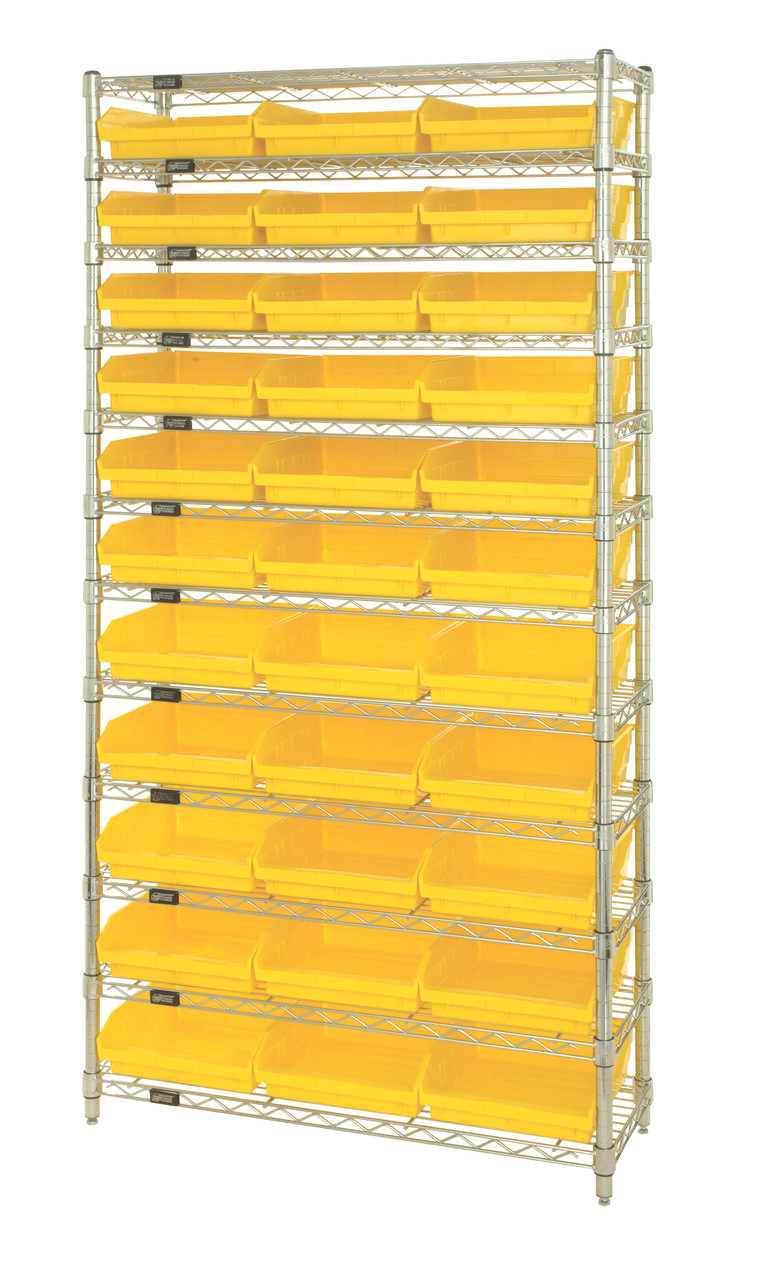 Bin Wire Shelving System, 36"W x 12"D x 74"H overall size, 800 lb. capacity per shelf, Chrome, Yellow, Carbon Steel, WR12-109YL