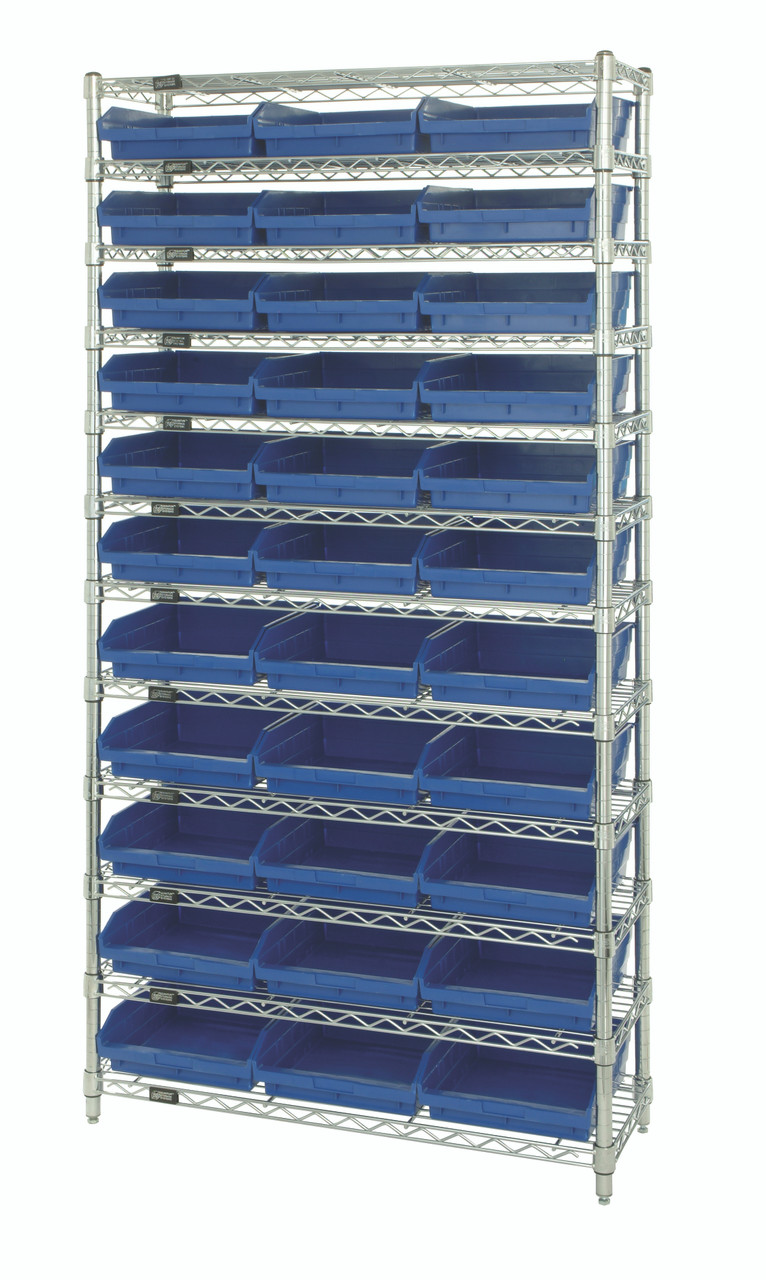 Bin Wire Shelving System, 36"W x 18"D x 74"H overall size, 800 lb. capacity per shelf, Chrome, Blue, Carbon Steel, WR12-110BL