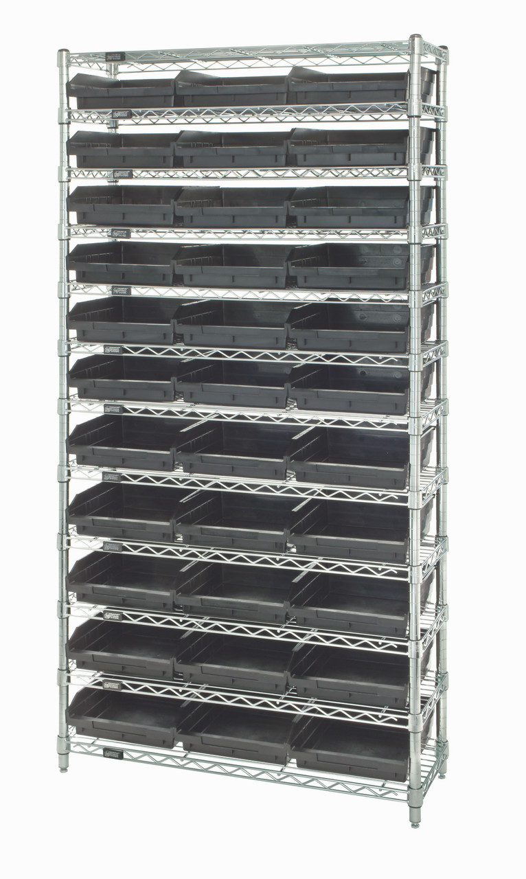 Bin Wire Shelving System, conductive, 36"W x 18"D x 74"H overall size, Chrome, Black, Carbon Steel, WR12-110CO