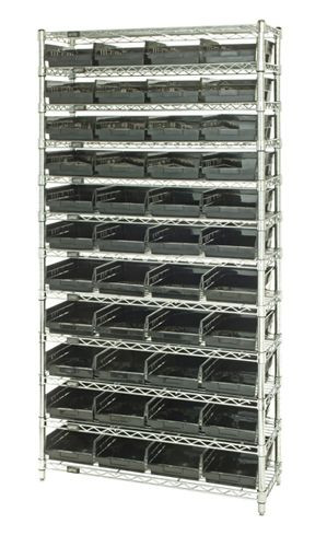 Bin Wire Shelving System, conductive, 36"W x 24"D x 74"H overall size, Chrome, Black, Carbon Steel, WR12-114CO