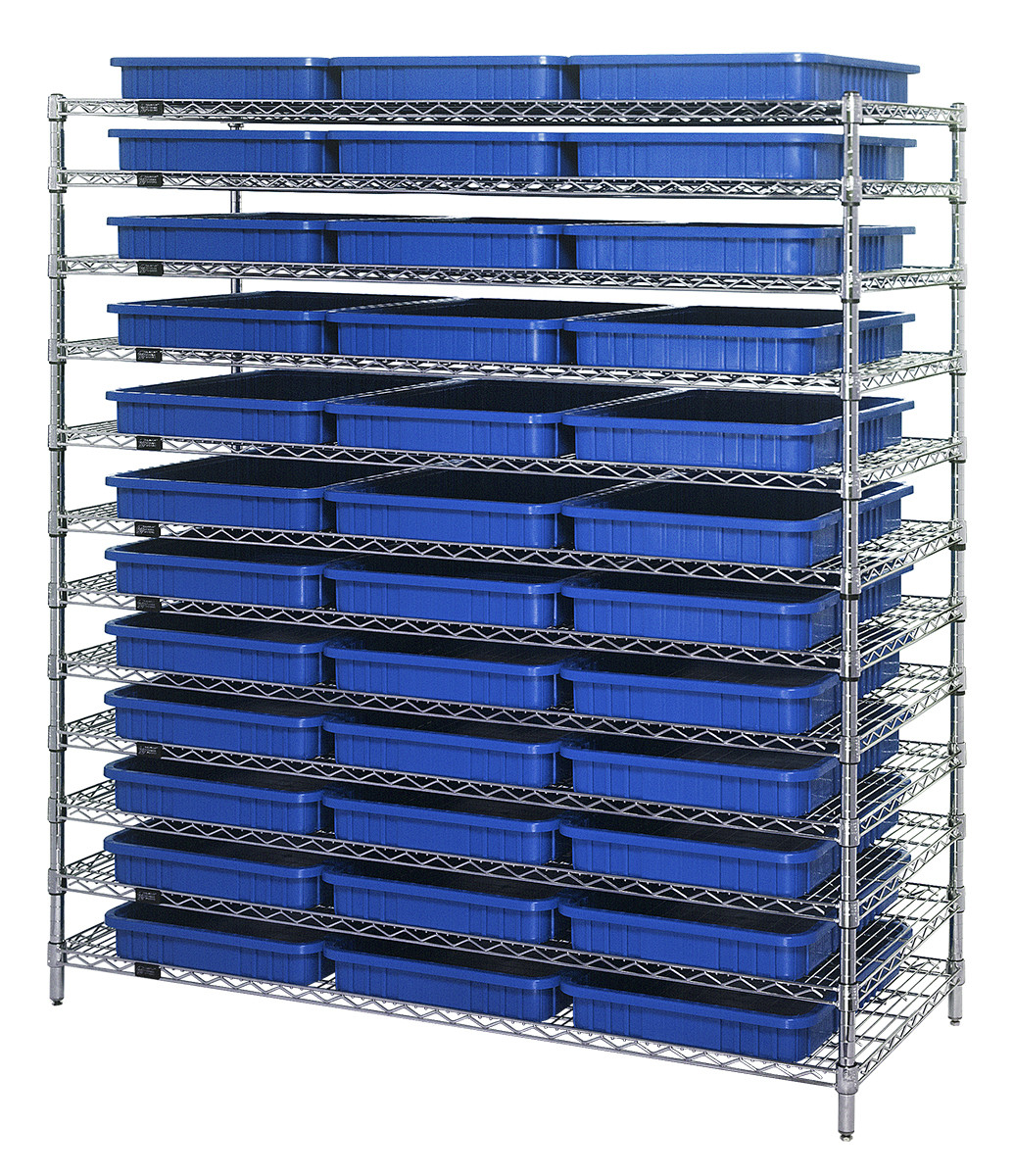 Bin Wire Shelving System, 60"L x 24"D x 63"H, 800 lbs load capacity per shelf, Chrome, Blue, Carbon Steel, WR12-93030BL