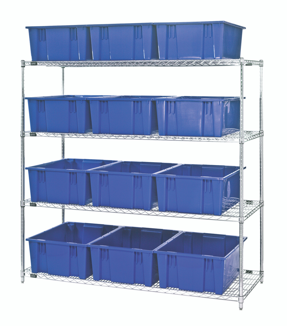 Bin Wire Shelving System, 66"L x 24"D x 63"H, 800 lbs load capacity per shelf, Chrome, Blue, Carbon Steel, WR4-12225BL